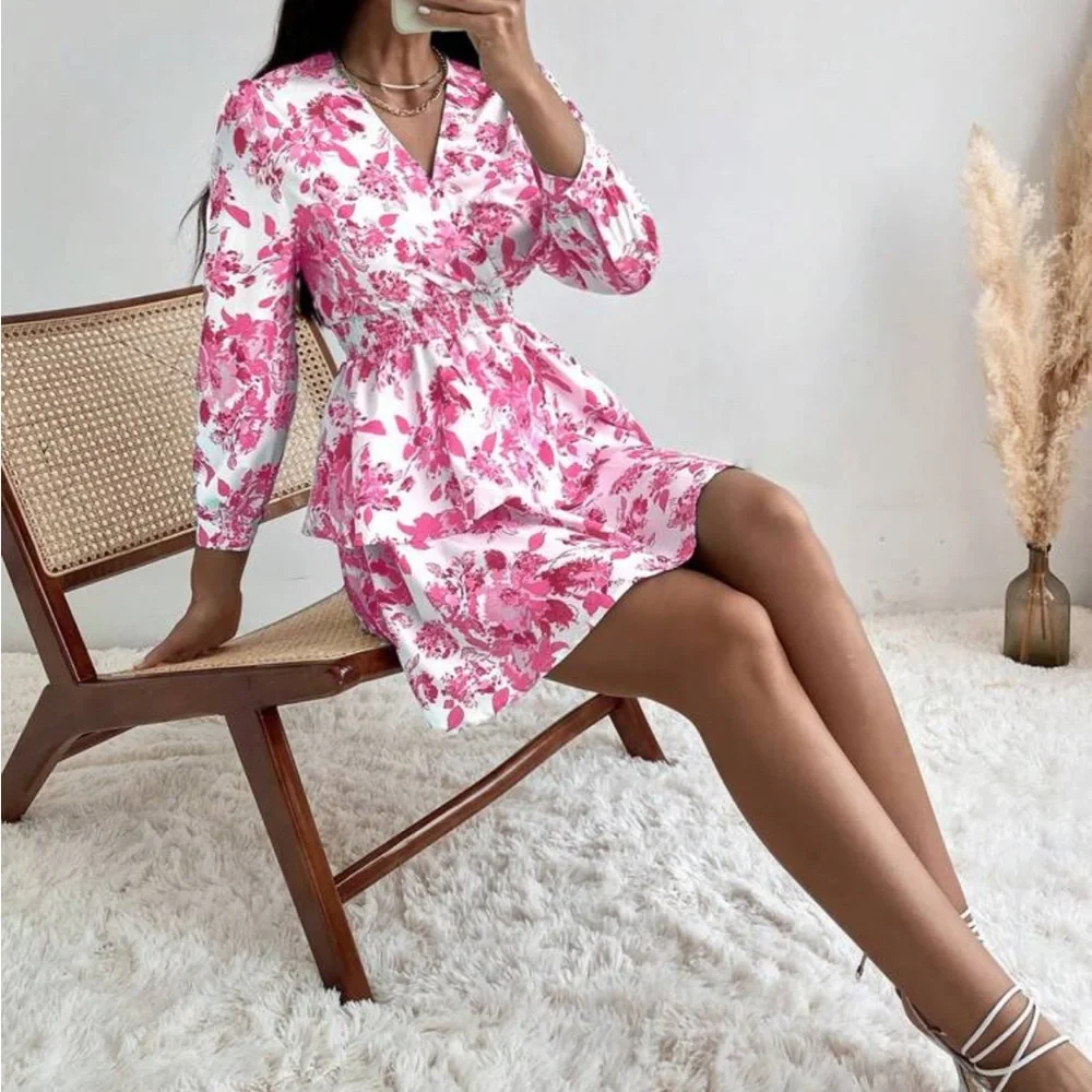 Boho floral print t shirred waist dress - Picture 2 of 13